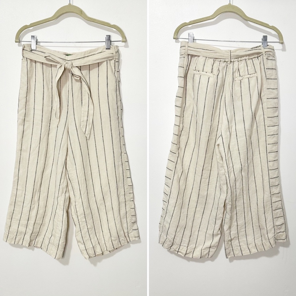 Anthropologie Coastal Grandma Beige Cropped Wide Leg Striped Linen Pants Size S
